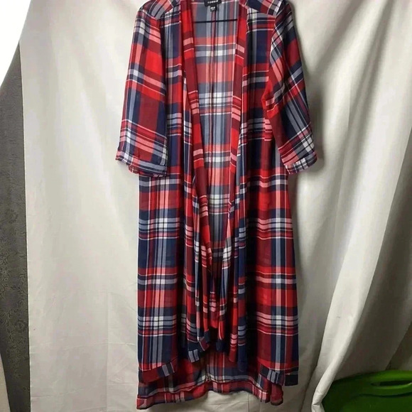 TORRID WO SIZE 0/00 (10/12) LONG NAVY RED PLAID. SHEER OPEN FRONT DUSTER - Picture 3 of 10